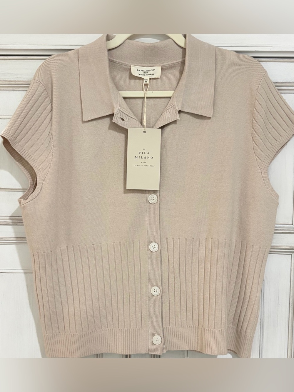 NWT SZ XL La Vila Milano Women's Short Sleeve Button sweater- beige